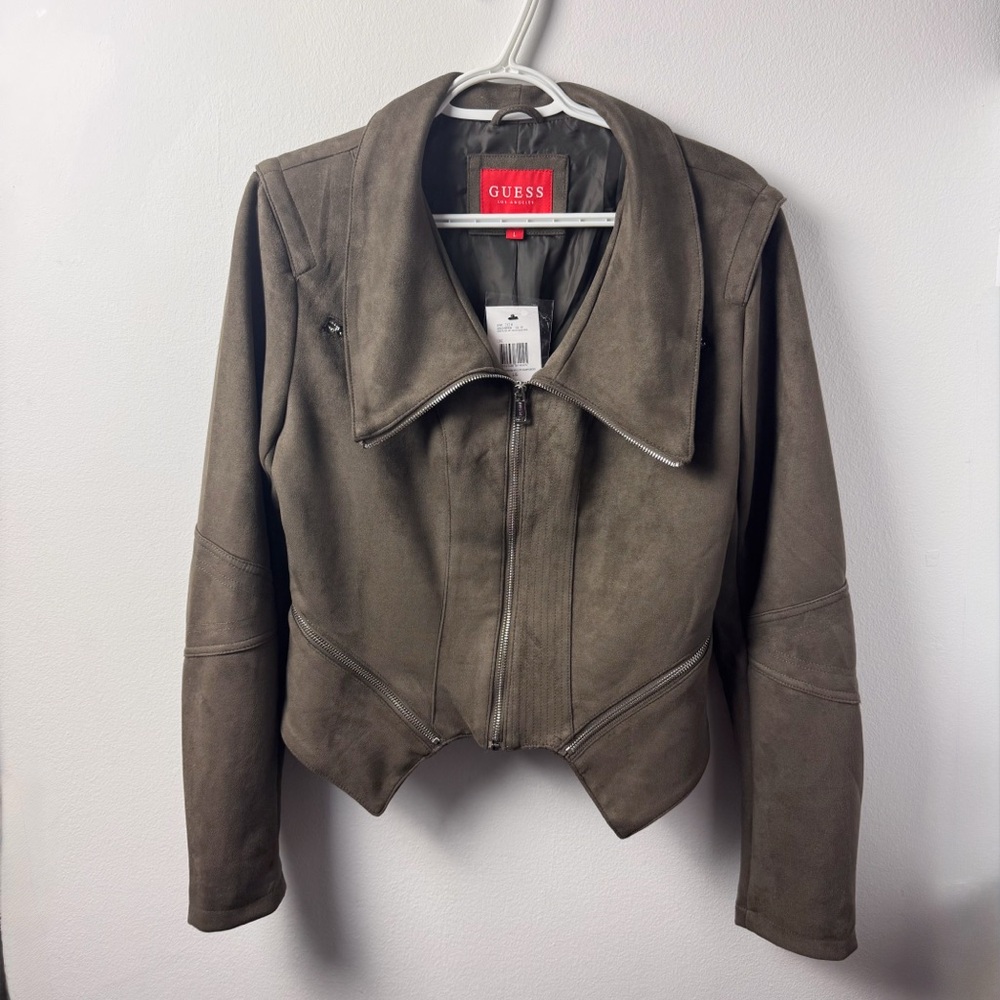 Guess Women's Faux-Suede Jacket Dark Green  Moto Jacket NWT - Picture 2 of 6